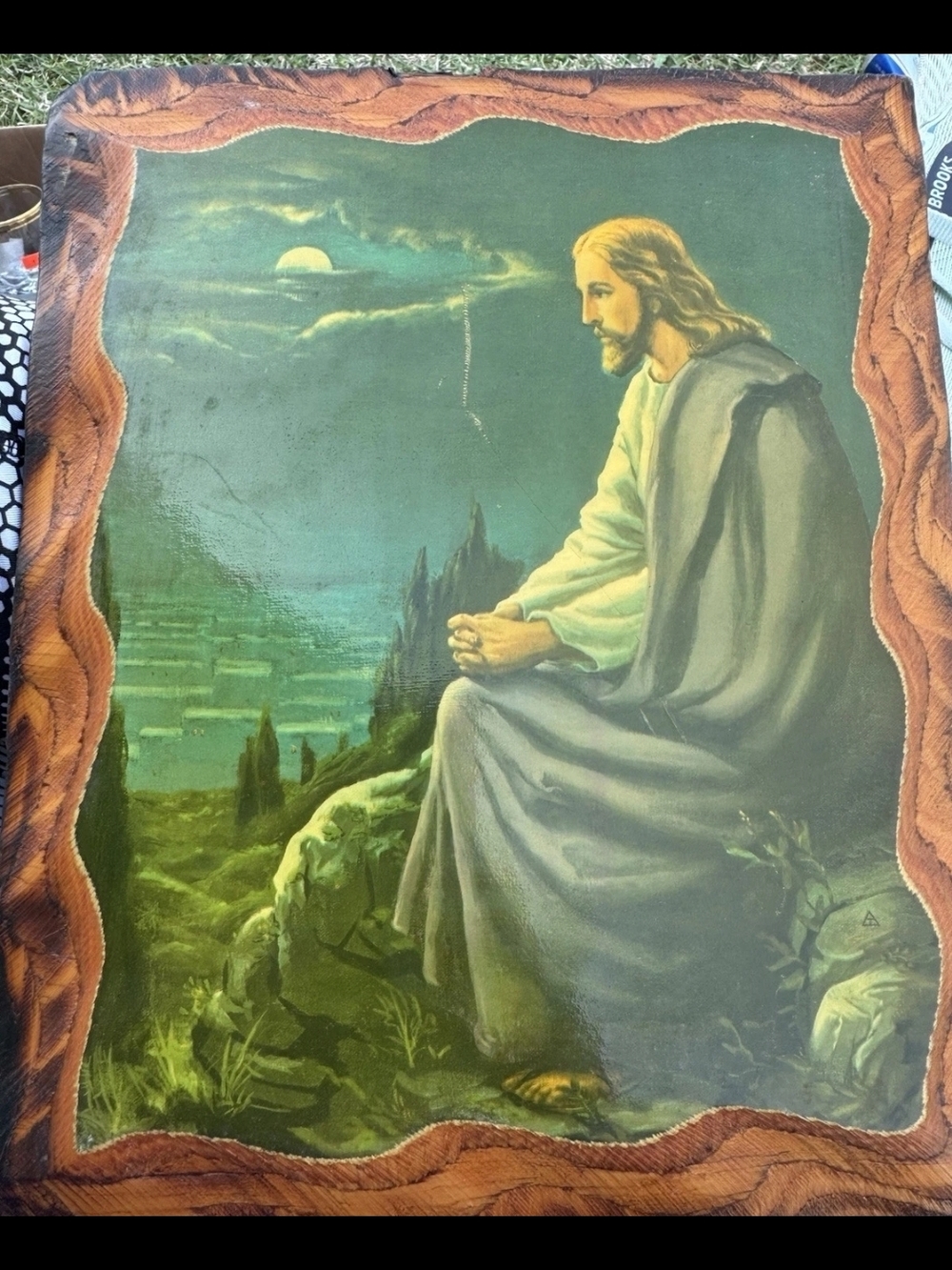 Vintage Religious Wall Art Featuring Jesus in Green Landscape